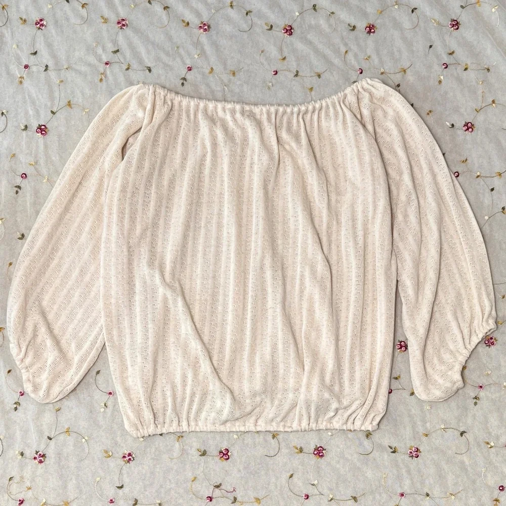 Free People Peasant Top Boat Off Shoulder Cream Pointelle Knit Long Sleeve Large_3